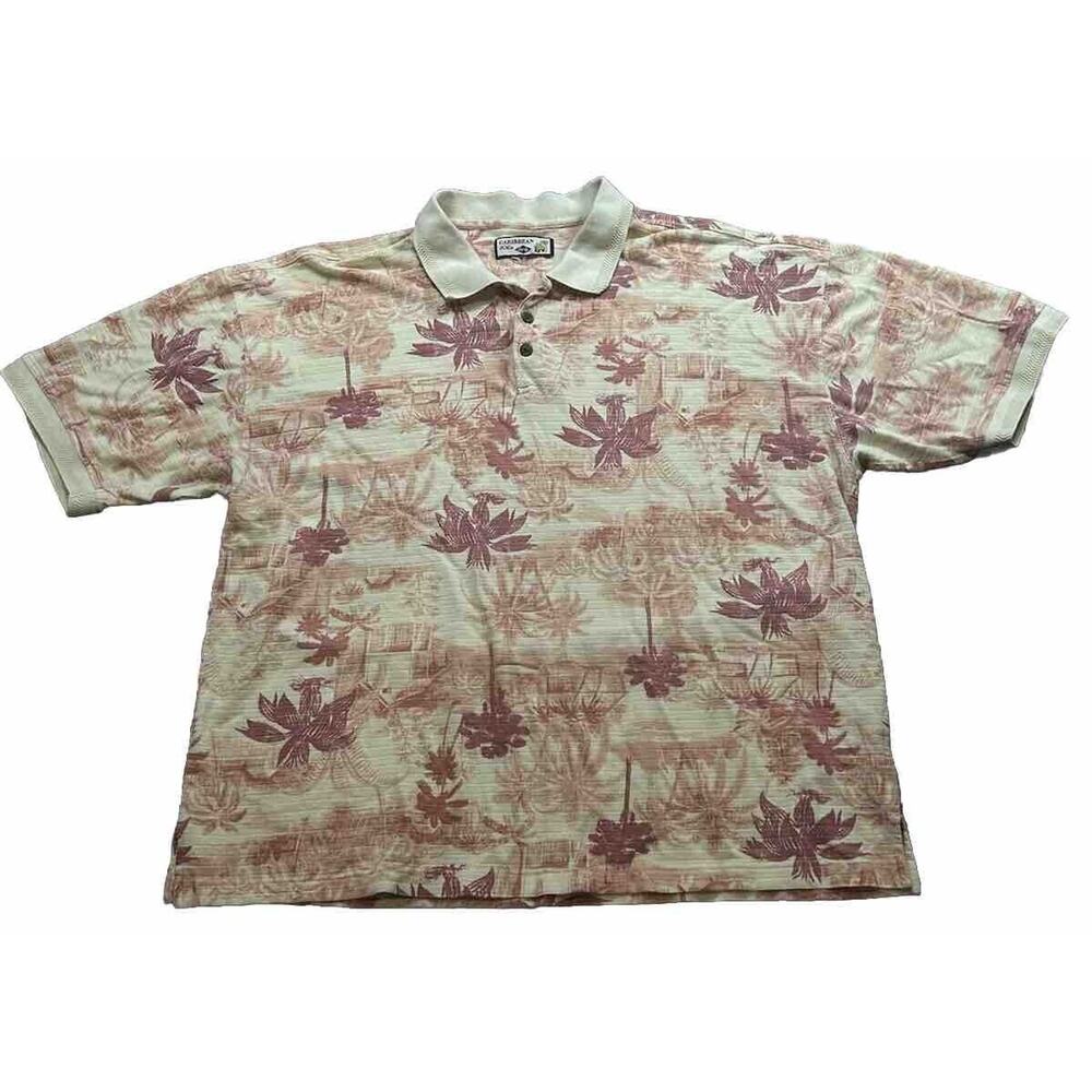 Caribbean Joe Polo Shirt Mens Large Beige Hawaiian‎ Tropical Flowers Knit Casual